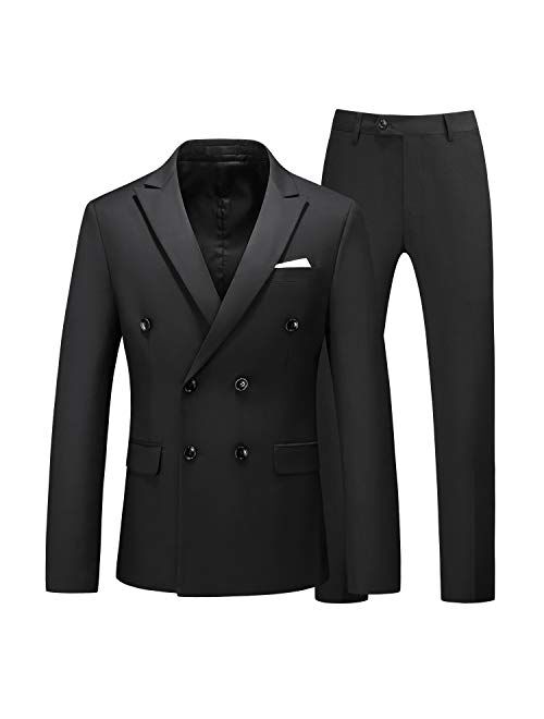 MOGU Mens 2 Piece Suit Slim Fit Double Breasted Blazer and Pants Solid Color Prom Tuxedo