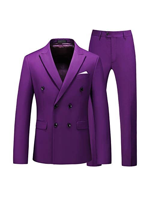 MOGU Mens 2 Piece Suit Slim Fit Double Breasted Blazer and Pants Solid Color Prom Tuxedo