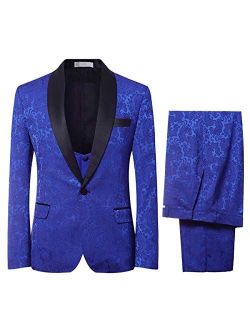 YFFUSHI Men's Elegant Jacquard 3 Piece Suit Slim Fit Royal Blue Tuxedo