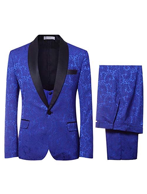 YFFUSHI Men's Elegant Jacquard 3 Piece Suit Slim Fit Royal Blue Tuxedo