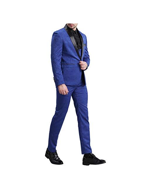 YFFUSHI Men's Elegant Jacquard 3 Piece Suit Slim Fit Royal Blue Tuxedo