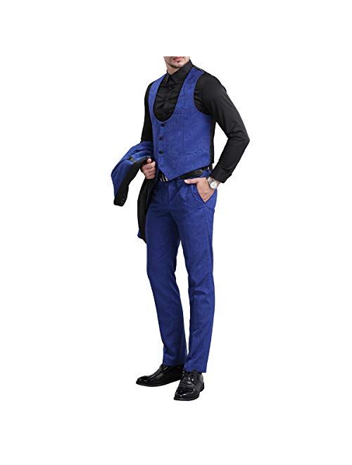 YFFUSHI Men's Elegant Jacquard 3 Piece Suit Slim Fit Royal Blue Tuxedo