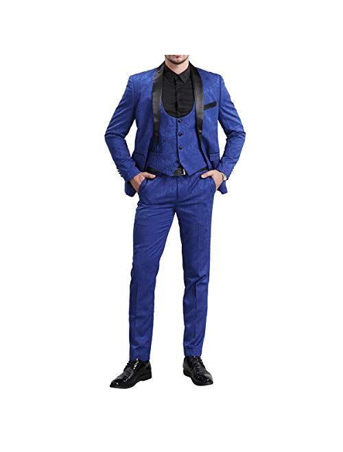 YFFUSHI Men's Elegant Jacquard 3 Piece Suit Slim Fit Royal Blue Tuxedo