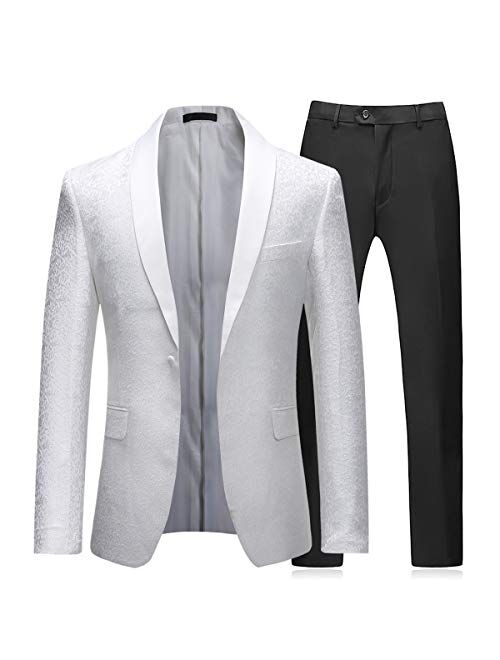 Boyland 2 Pieces Tuxedo Suits Jacquard Wide Shawl Collar One Button Formal Tux Sets Wedding