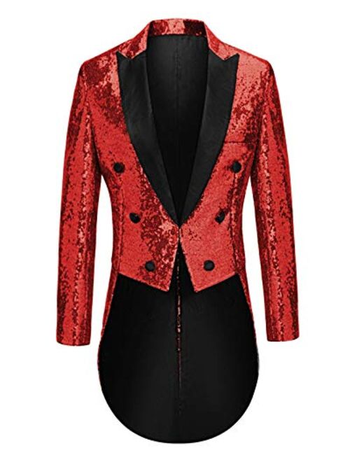 MAGE MALE Mens Sequin Tuxedo Jacket Tails Slim Fit Tailcoat Dress Coat Swallowtail Dinner Party Wedding Blazer Suit Jacket