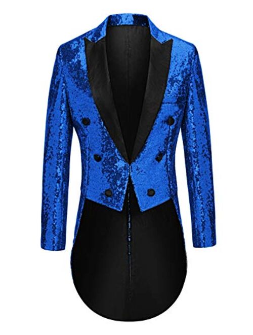 MAGE MALE Mens Sequin Tuxedo Jacket Tails Slim Fit Tailcoat Dress Coat Swallowtail Dinner Party Wedding Blazer Suit Jacket