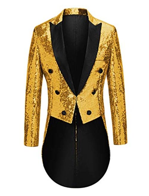 MAGE MALE Mens Sequin Tuxedo Jacket Tails Slim Fit Tailcoat Dress Coat Swallowtail Dinner Party Wedding Blazer Suit Jacket