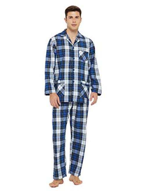 GLOBAL Mens Pajamas Set, 100% Cotton Woven Drawstring Sleepwear Set with Top and Pants/Bottoms