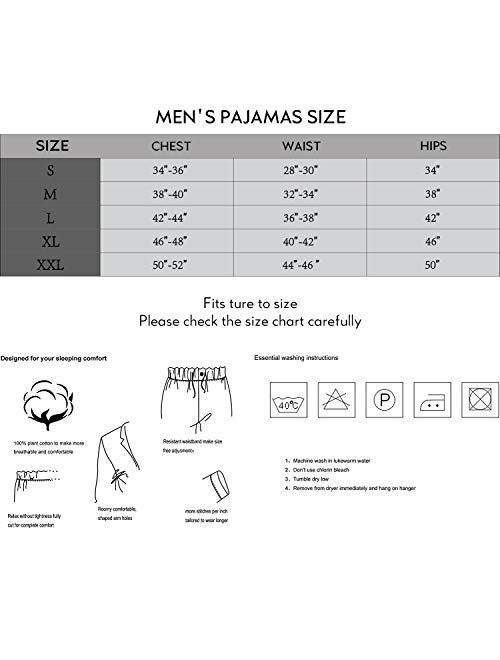 GLOBAL Mens Pajamas Set, 100% Cotton Woven Drawstring Sleepwear Set with Top and Pants/Bottoms