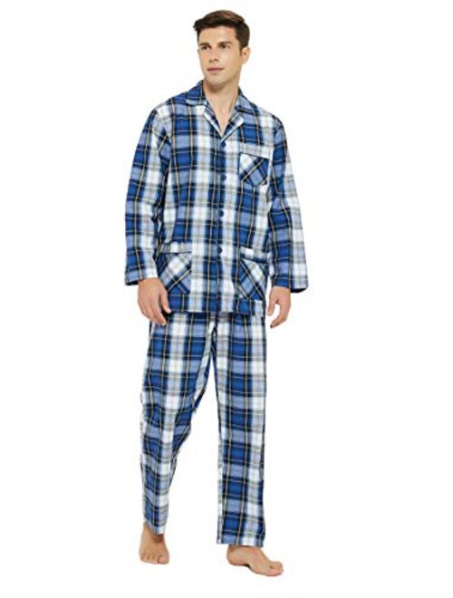 GLOBAL Mens Pajamas Set, 100% Cotton Woven Drawstring Sleepwear Set with Top and Pants/Bottoms