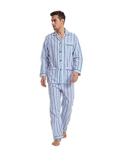 GLOBAL Mens Pajamas Set, 100% Cotton Woven Drawstring Sleepwear Set with Top and Pants/Bottoms