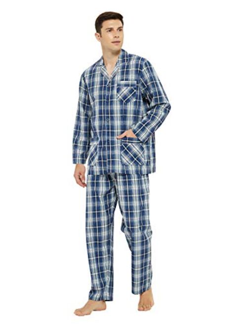 GLOBAL Mens Pajamas Set, 100% Cotton Woven Drawstring Sleepwear Set with Top and Pants/Bottoms