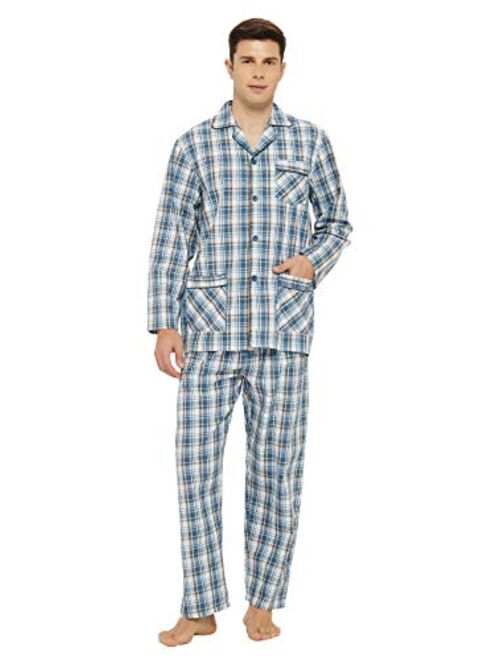 GLOBAL Mens Pajamas Set, 100% Cotton Woven Drawstring Sleepwear Set with Top and Pants/Bottoms