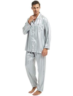 LONXU Mens Satin Long Button-Down Pajamas Set, Stripped PJ, S~4XL