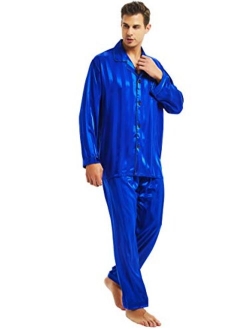 LONXU Mens Satin Long Button-Down Pajamas Set, Stripped PJ, S~4XL