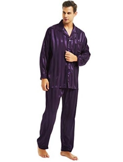 LONXU Mens Satin Long Button-Down Pajamas Set, Stripped PJ, S~4XL