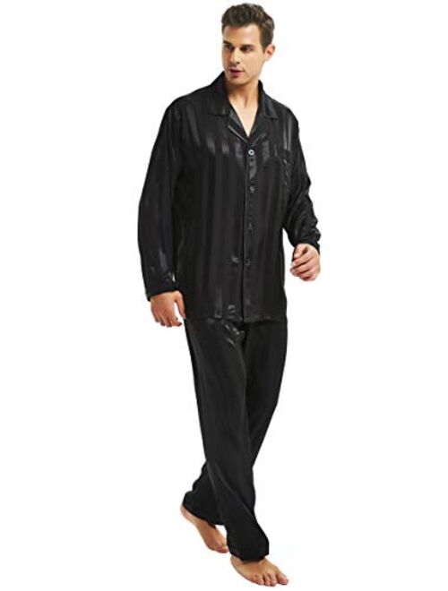 LONXU Mens Satin Long Button-Down Pajamas Set, Stripped PJ, S~4XL