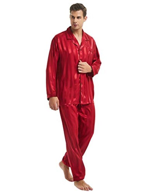 LONXU Mens Satin Long Button-Down Pajamas Set, Stripped PJ, S~4XL