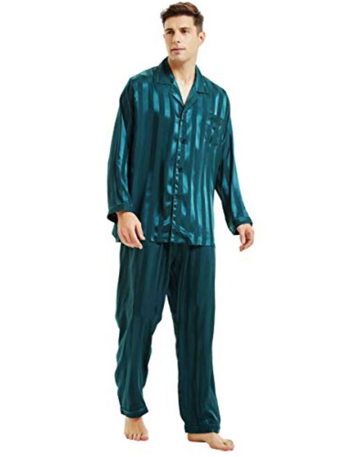 LONXU Mens Satin Long Button-Down Pajamas Set, Stripped PJ, S~4XL