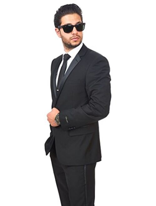 AZAR MAN Slim Fit Men Suit Tuxedo Black 2 Button Satin Collar Flat Front Pants