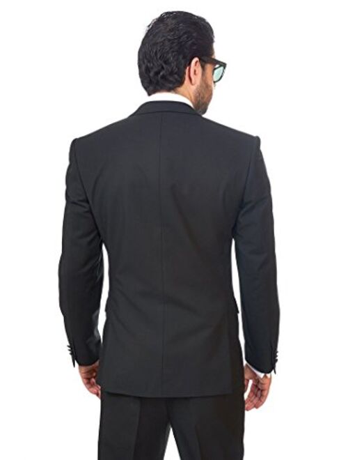 AZAR MAN Slim Fit Men Suit Tuxedo Black 2 Button Satin Collar Flat Front Pants