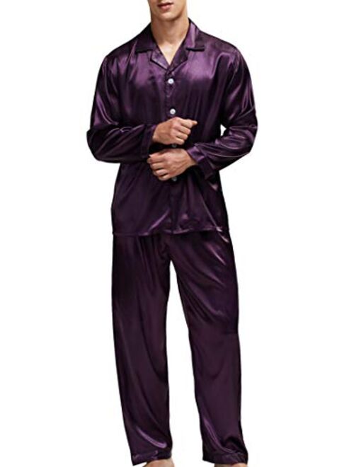 Men's Satin Pajamas Long Button-Down Pj Set Sleepwear Loungewear