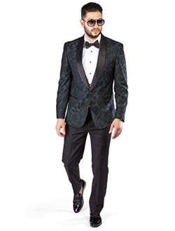 Slim Fit 1 Button Shawl Satin Collar Floral Jacket Tuxedo Black Pants by AZAR 1714