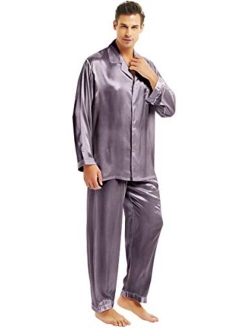 Mens Satin Long Button-Down Pajamas Set, S M L XL 2XL 3XL 4XL