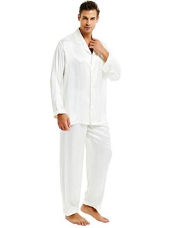 Mens Satin Long Button-Down Pajamas Set, S M L XL 2XL 3XL 4XL