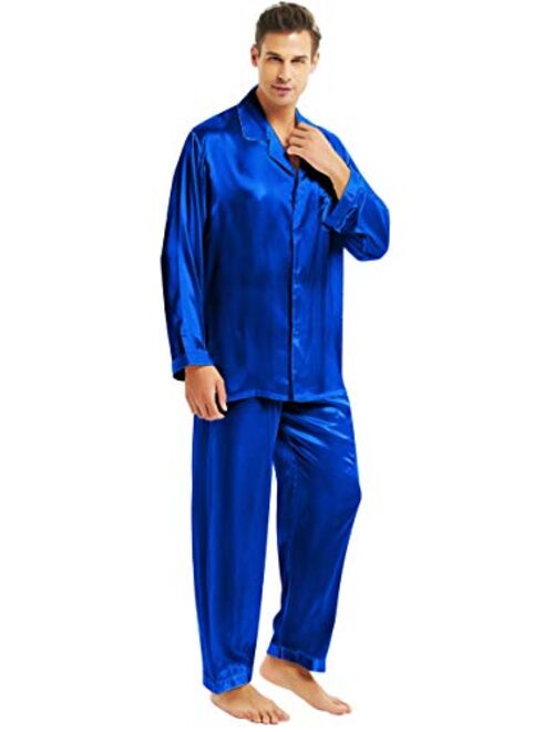 Mens Satin Long Button-Down Pajamas Set, S M L XL 2XL 3XL 4XL