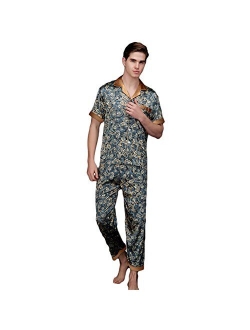 ZUEVI Men's Classic Satin Short Sleeve Pajamas Set Dragon Pattern Loungewear