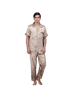 ZUEVI Men's Classic Satin Short Sleeve Pajamas Set Dragon Pattern Loungewear