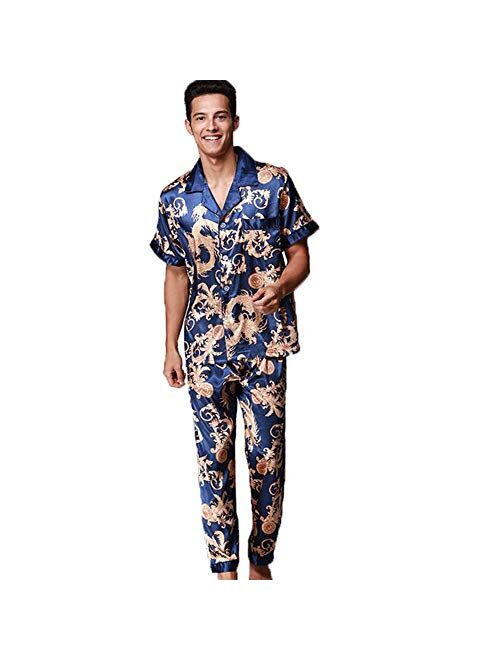 ZUEVI Men's Classic Satin Short Sleeve Pajamas Set Dragon Pattern Loungewear