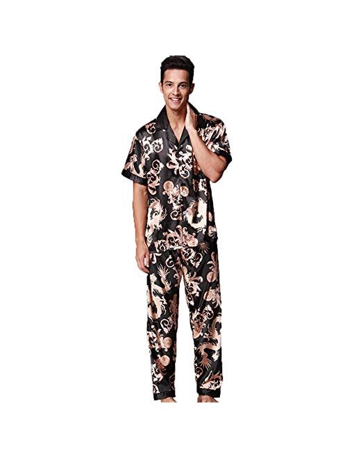 ZUEVI Men's Classic Satin Short Sleeve Pajamas Set Dragon Pattern Loungewear