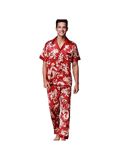 ZUEVI Men's Classic Satin Short Sleeve Pajamas Set Dragon Pattern Loungewear