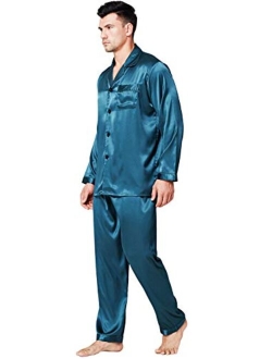 LONXU Mens Satin Long Button-Down Pajamas Set S~4XL