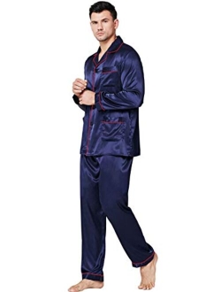 LONXU Mens Satin Long Button-Down Pajamas Set S~4XL