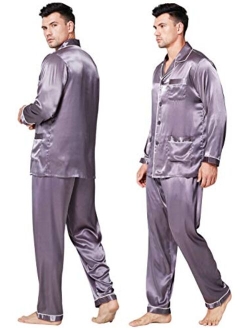 LONXU Mens Satin Long Button-Down Pajamas Set S~4XL