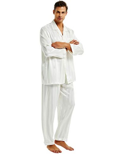 LONXU Mens Satin Long Button-Down Pajamas Set S~4XL