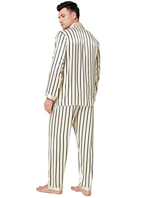 LONXU Mens Satin Long Button-Down Pajamas Set S~4XL