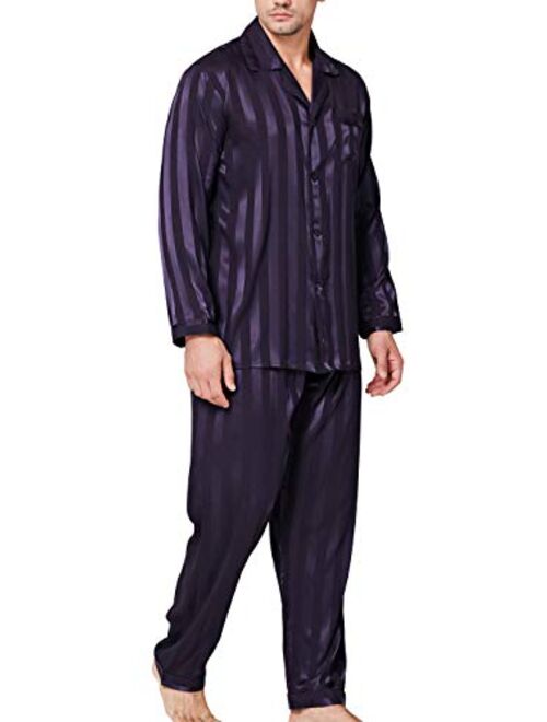 LONXU Mens Satin Long Button-Down Pajamas Set S~4XL