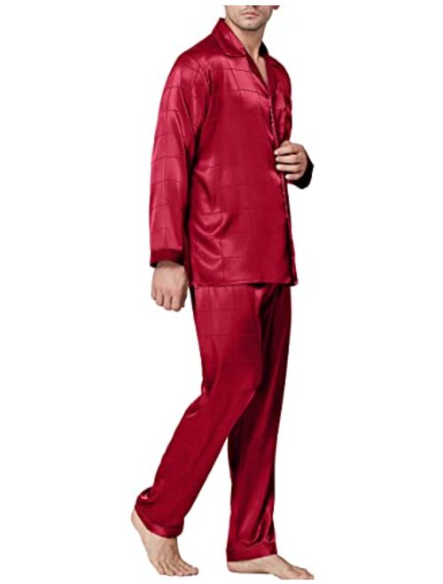 LONXU Mens Satin Long Button-Down Pajamas Set S~4XL