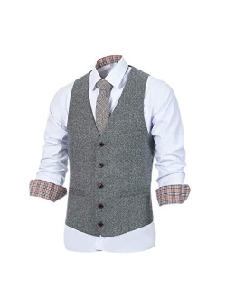 Wehilion Mens Tweed Vest Herringbone Full Back Wool Blend V-Neck Slim Fit Waistcoat