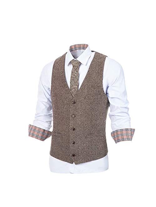 Wehilion Mens Tweed Vest Herringbone Full Back Wool Blend V-Neck Slim Fit Waistcoat