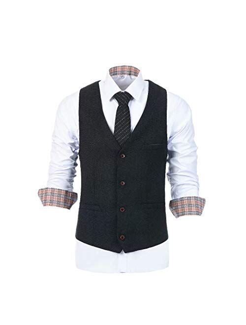 Wehilion Mens Tweed Vest Herringbone Full Back Wool Blend V-Neck Slim Fit Waistcoat