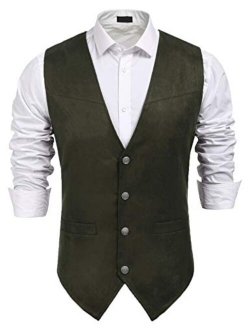 JINIDU Men's Casual Suede Leather Vest Jacket Slim Fit Dress Vest Waistcoat