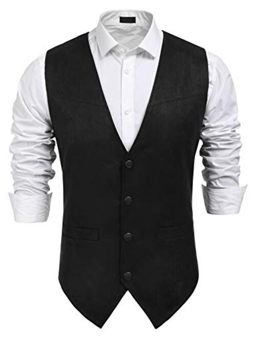 JINIDU Men's Casual Suede Leather Vest Jacket Slim Fit Dress Vest Waistcoat