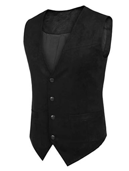 JINIDU Men's Casual Suede Leather Vest Jacket Slim Fit Dress Vest Waistcoat