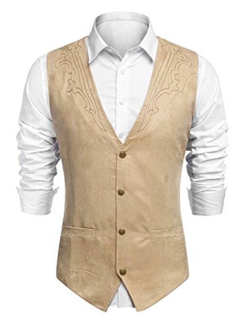 JINIDU Men's Casual Suede Leather Vest Jacket Slim Fit Dress Vest Waistcoat