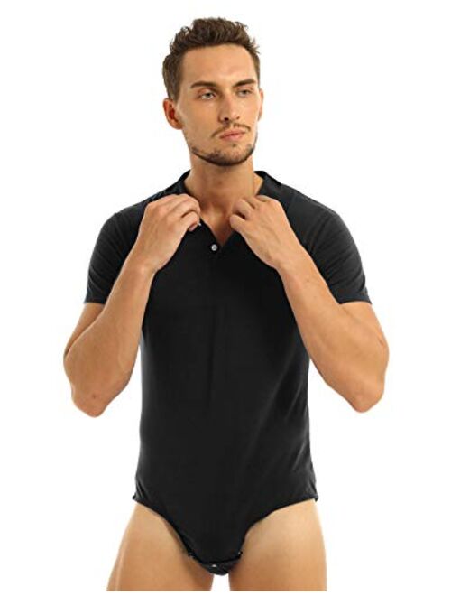 YONGHS Men's Short Sleeve Turn-Down Collar Button Crotch Shirt Bodysuit Snappies Romper Jumpsuit